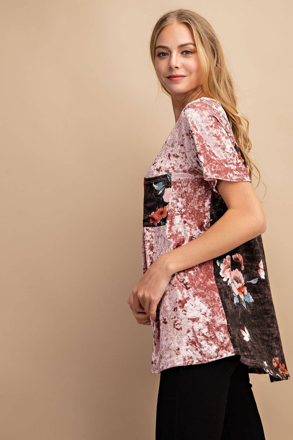 FSL Apparel - Wholesale Tunic - Women's - 3943FA - SOFT SHINING BRUSHED VELVET WITH FLORAL PRINTED CON8