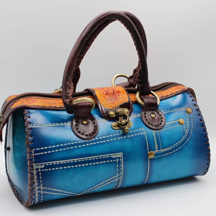Sunflower Handmade leather inc - Wholesale Top Handle Bag - Women's - Handmade leather Jeans Handbag-blue