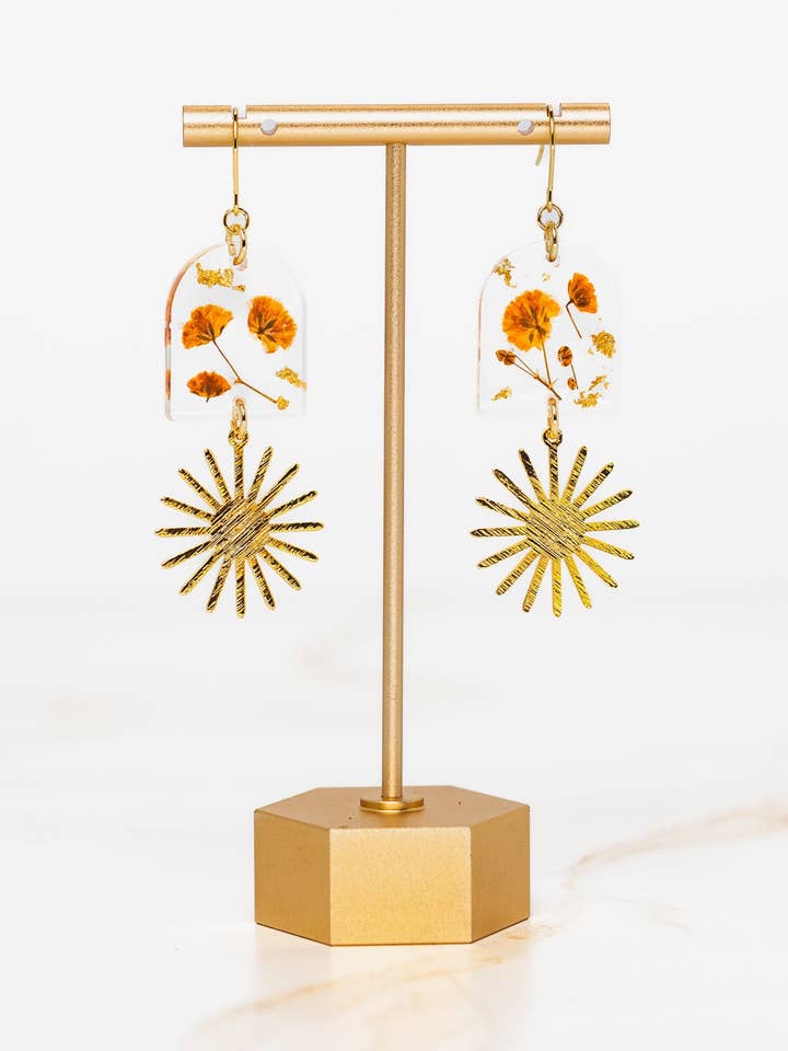 Sun Earrings, Pressed Baby's Breath, 14k gold filled for wholesale by Indigo & Lily Co.