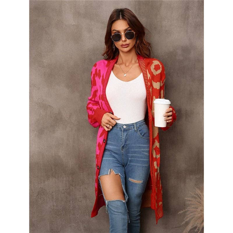 Mirazshoes WholeSale - Wholesale Cardigan - Women's - Contrast Color Leopard Buttoned Midi Knitted Cardigan Outerwear1