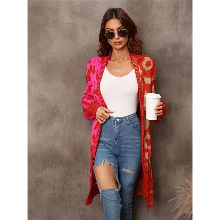 Mirazshoes WholeSale - Wholesale Cardigan - Women's - Contrast Color Leopard Buttoned Midi Knitted Cardigan Outerwear1