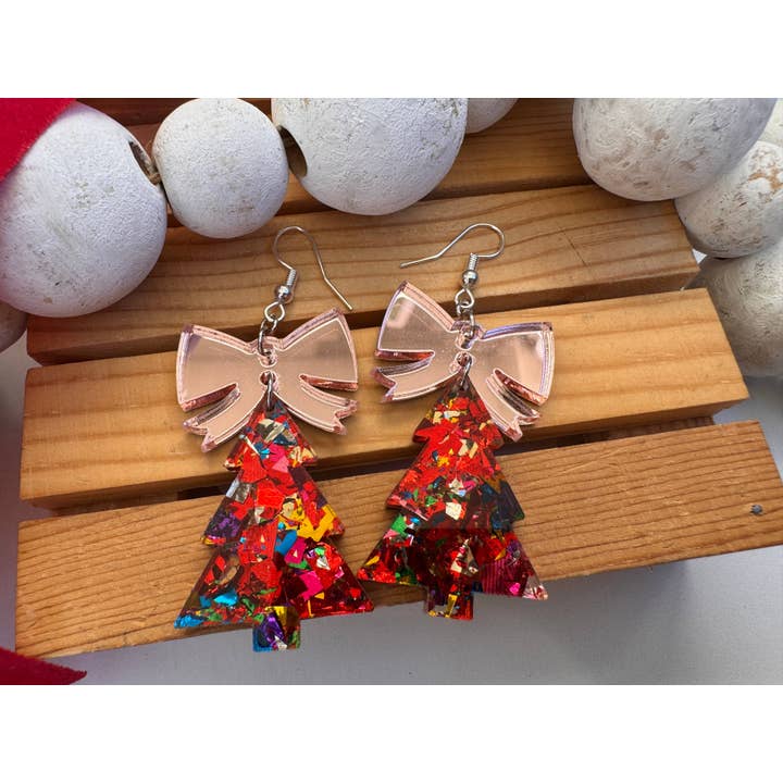 Truly Olive – Brincos de argola por atacado – Árvores de Natal com Brilho e Laço Dourado Rosé2