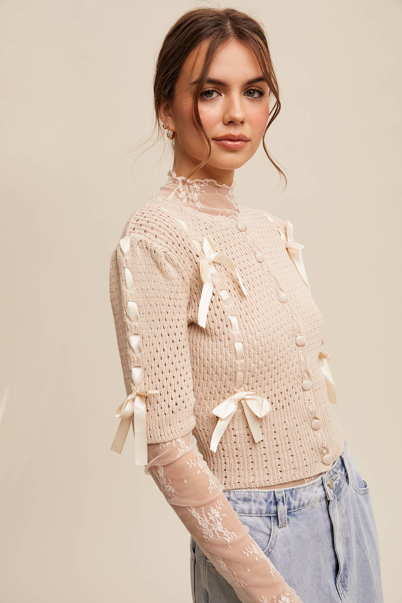 Listicle - Wholesale Cardigan - Women's - Pastel Knit Cardigan with Satin Bow Details4