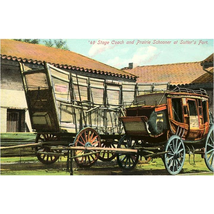 Postcard CA-138 Stage Coach and Prairie Schooner, Sutter's F for wholesale by Found Image Press