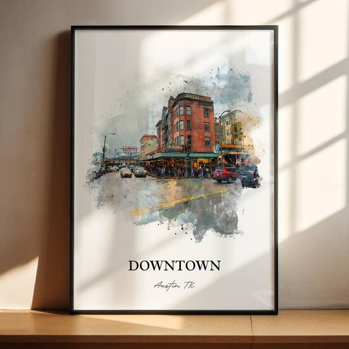 Arte de Austin TX, Impresión del centro de Austin, Arte en acuarela de Austin Texas, Regalo de Texas, Impresión de viaje de Austin, Póster de viaje de Austin, Regalo de inauguración de casa para venta al por mayor de Premium Travel Art