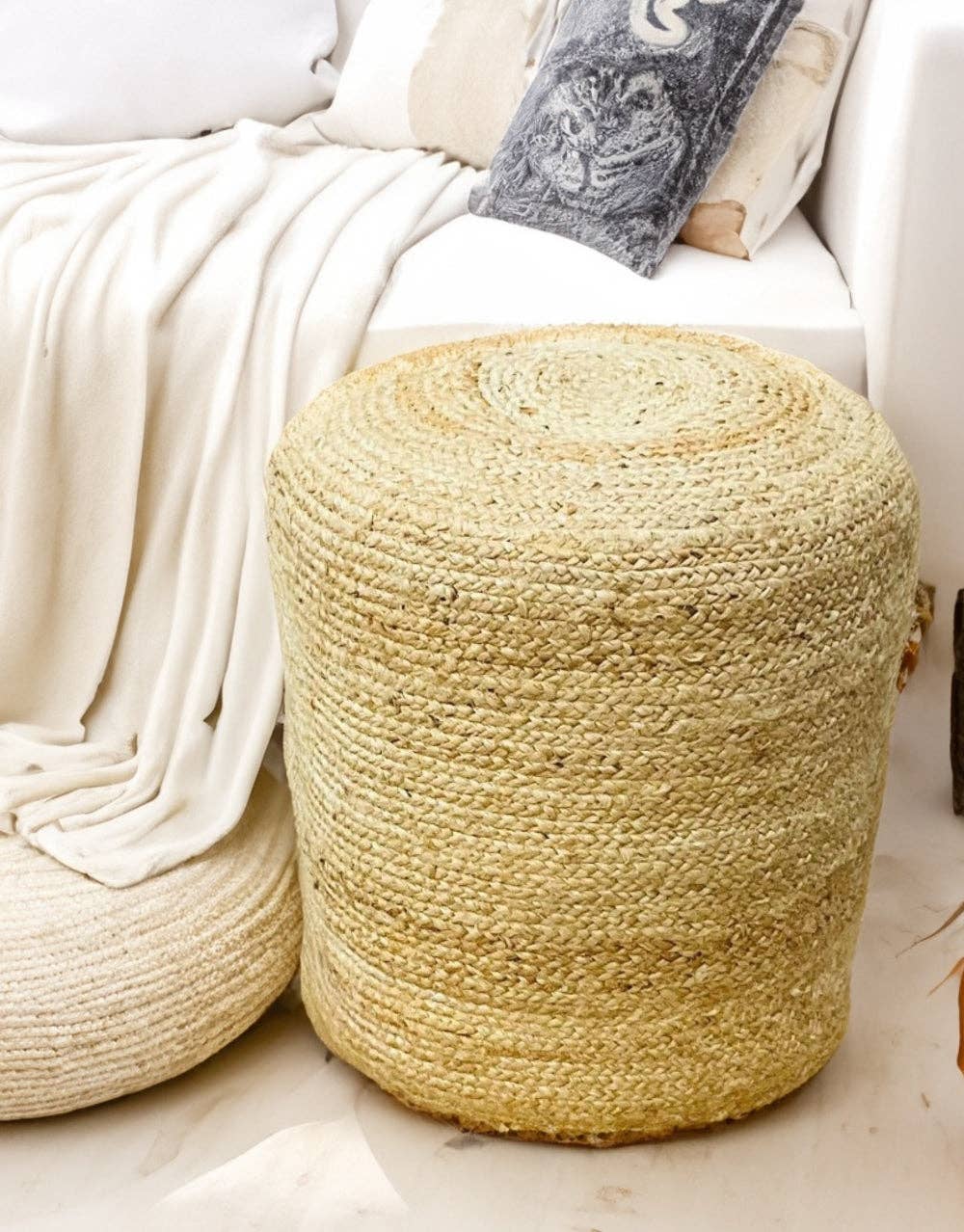 Beige Tall Jute Pouffe – Braided Natural Fibre Footstool for wholesale on Faire4