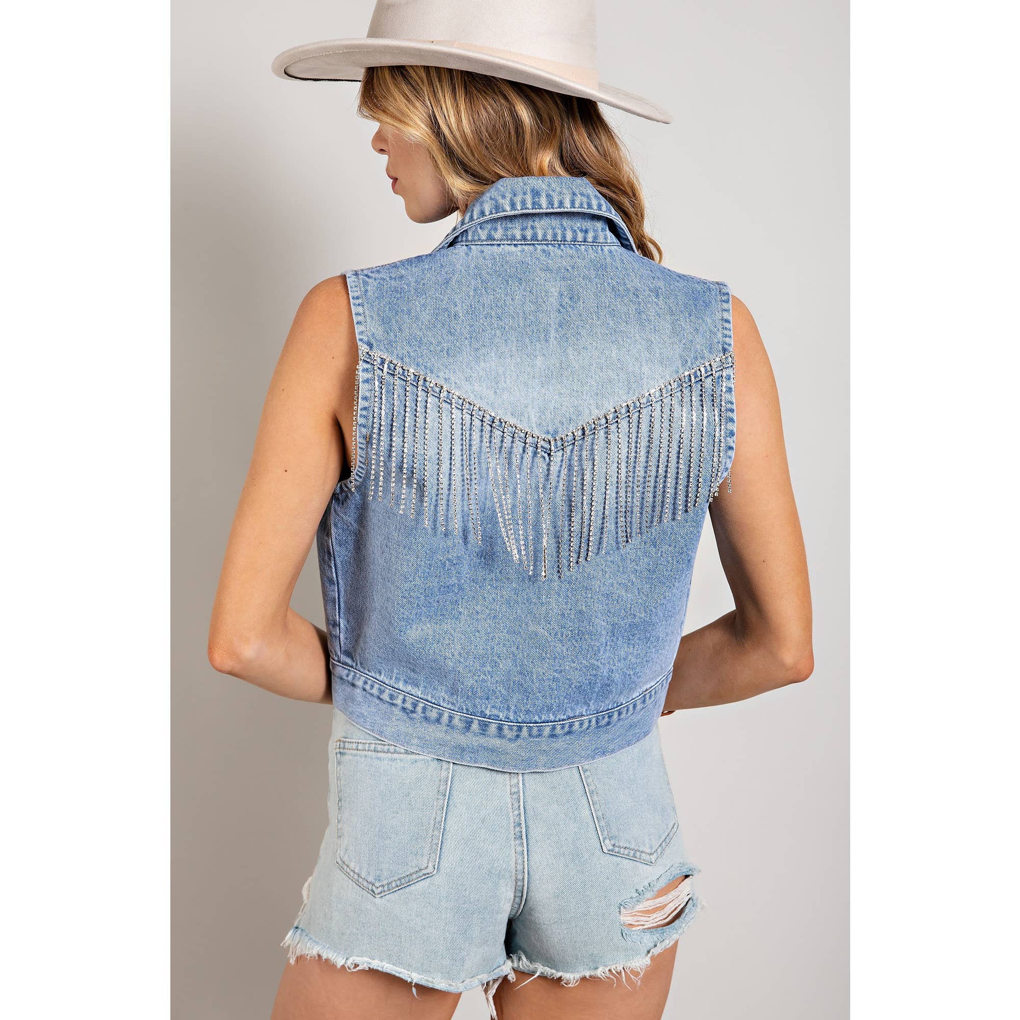 Sweet Generis - Vente Veste sans manches – femme - Veste courte en denim avec franges en strass8