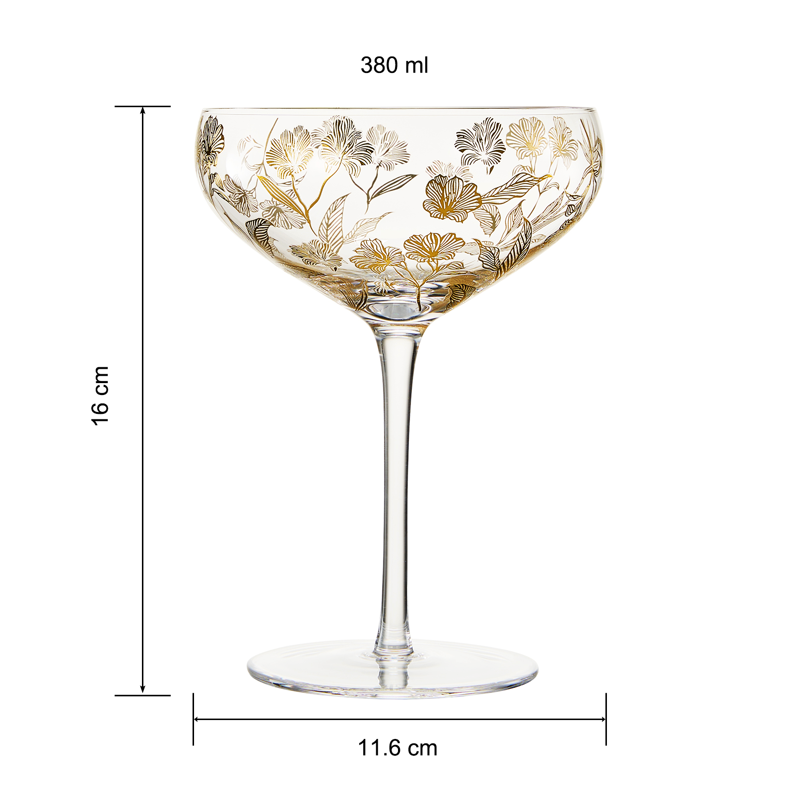 The Wine Savant /  Khen Glassware - Wholesale Cocktail/Liquor Glass - Khen Vintage Gold Floral Decal Champagne Coupe Set of 2 13oz2