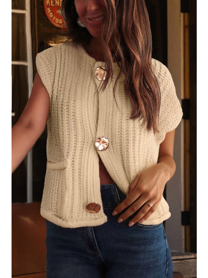 fashionworks - Wholesale Sweater Vest - Women's - Fashion-W Textured Knit Side Pockets Button Sweater Vest