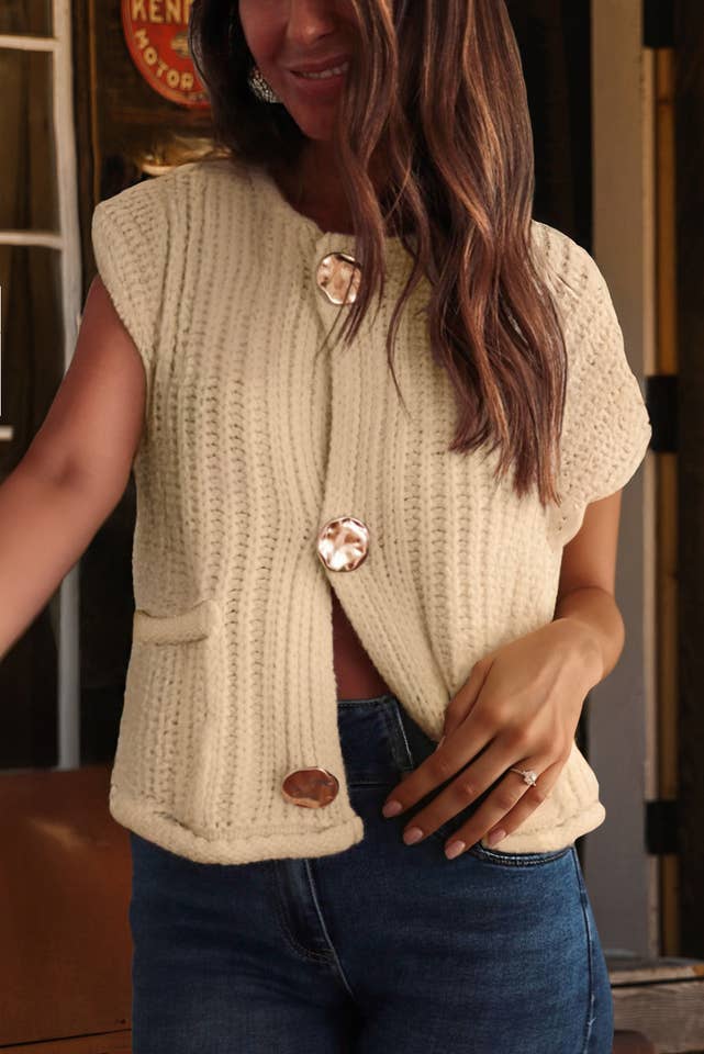 fashionworks - Wholesale Sweater Vest - Women's - Fashion-W Textured Knit Side Pockets Button Sweater Vest