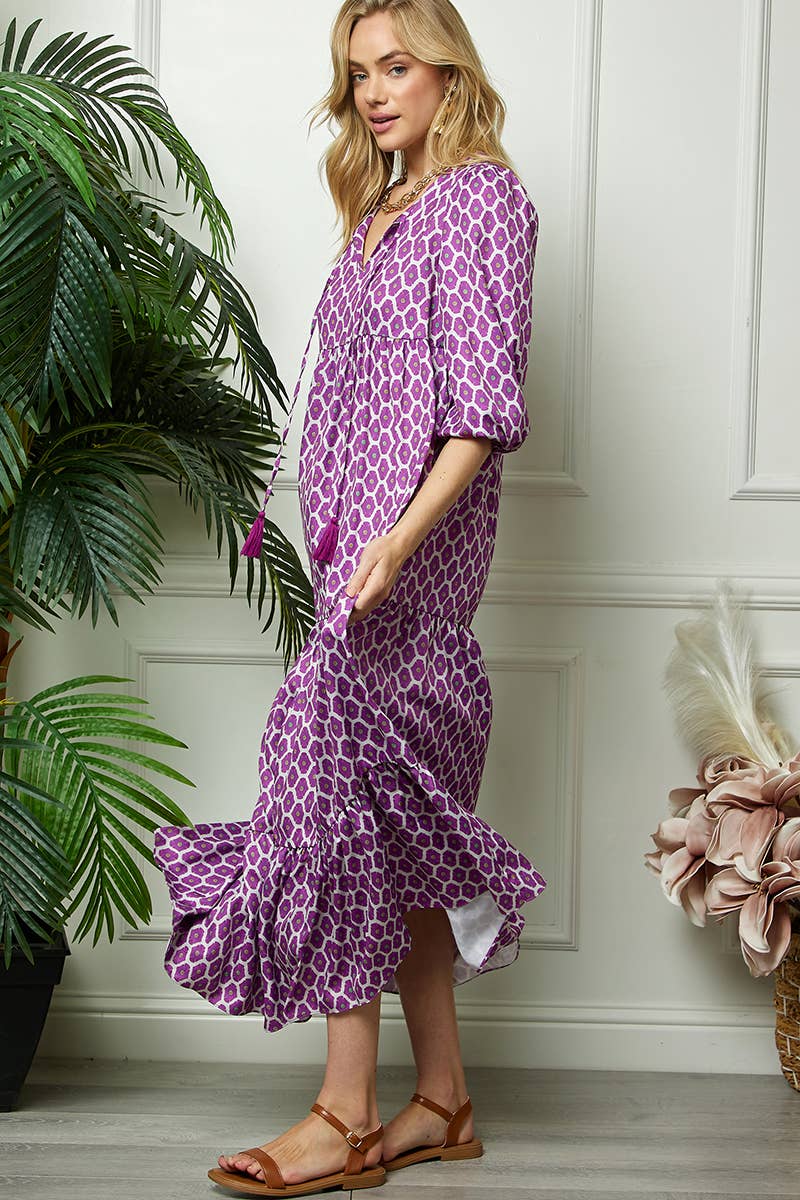 Purple Print Three Quarter Puff Sleeve Maxi Dress for wholesale on Faire4