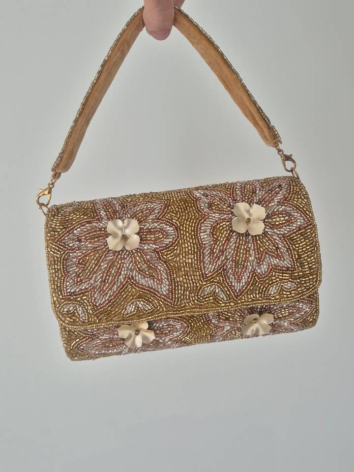 Handbag Flower Embellished Beaded Bag Gold for wholesale by Melci Studio