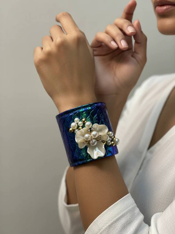 Blue Green Pearl Metallic Faux Leather Cuff Bracelet for wholesale by Designed By Risha