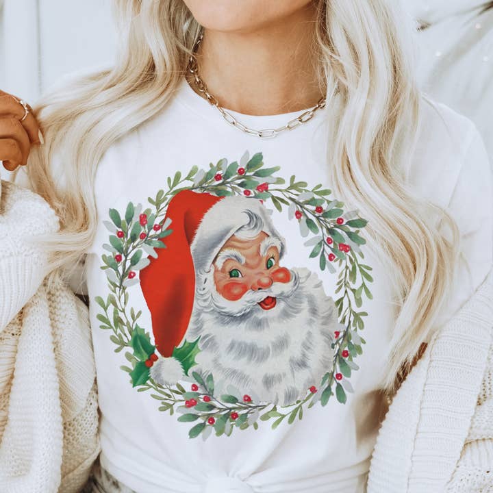 Par.tees by Party On! – Großhandel T-Shirt (Grafikdruck) – Unisex – Vintage Santa Kranz Retro Weihnachtsmann Grafik T-Shirt