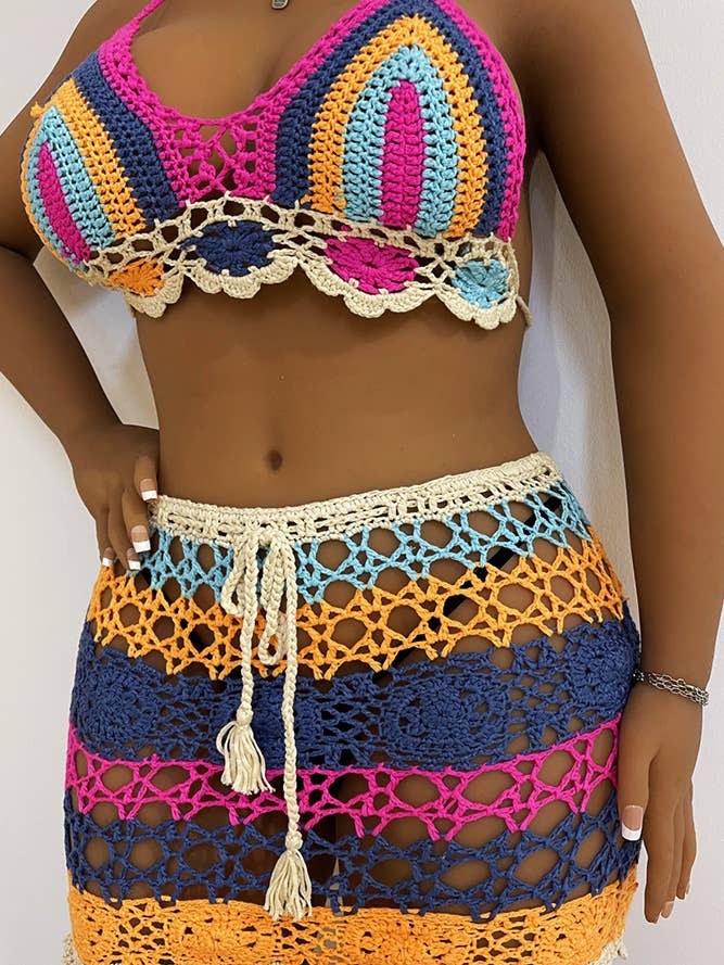 Blue Colorful Crochet Beach Bikini Set OYM029 for wholesale on Faire2