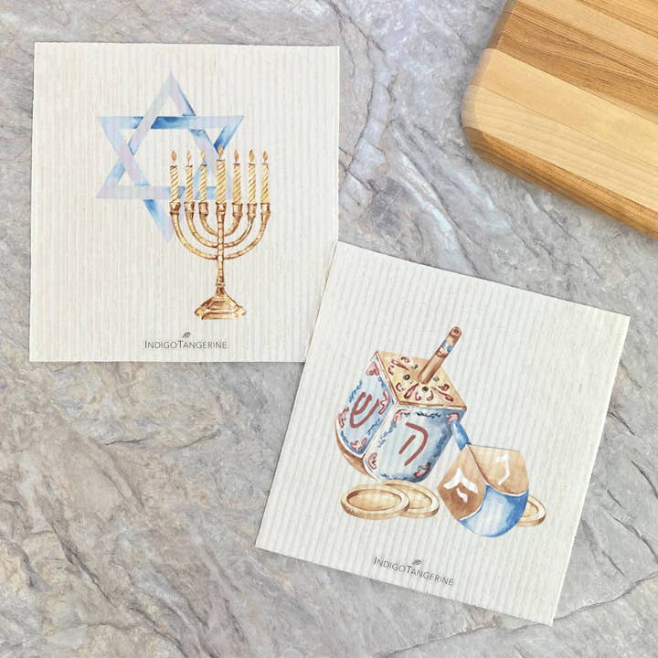 Hanukkah - Dreidel, Menorah 2 pk - Swedish Dish Cloth for wholesale by Indigo Tangerine