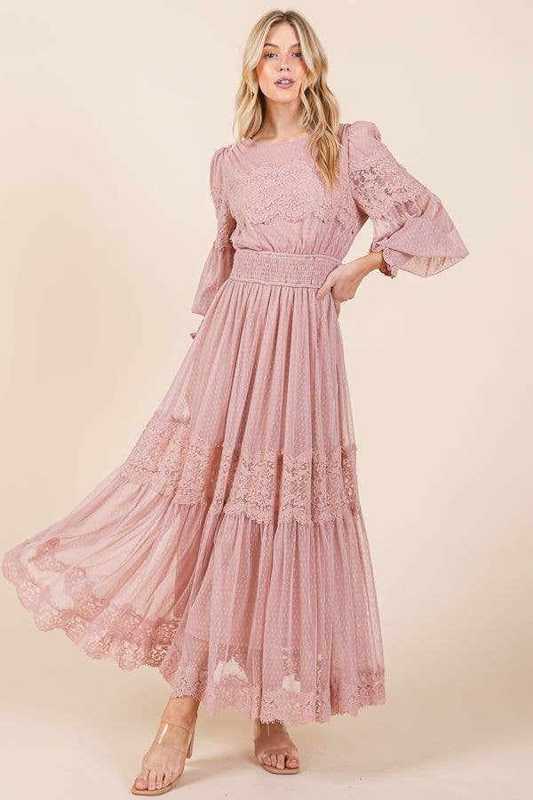 B I G H I T Fashion - Vendita all'ingrosso Vestito - Donna - Abito lungo maxi con maniche lunghe e dettagli in pizzo HD2384-BLUSH1