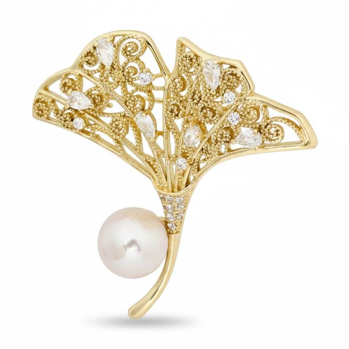 Ginkgo Leaf Pink and White Pearl Brooch for wholesale by Angel Barocco