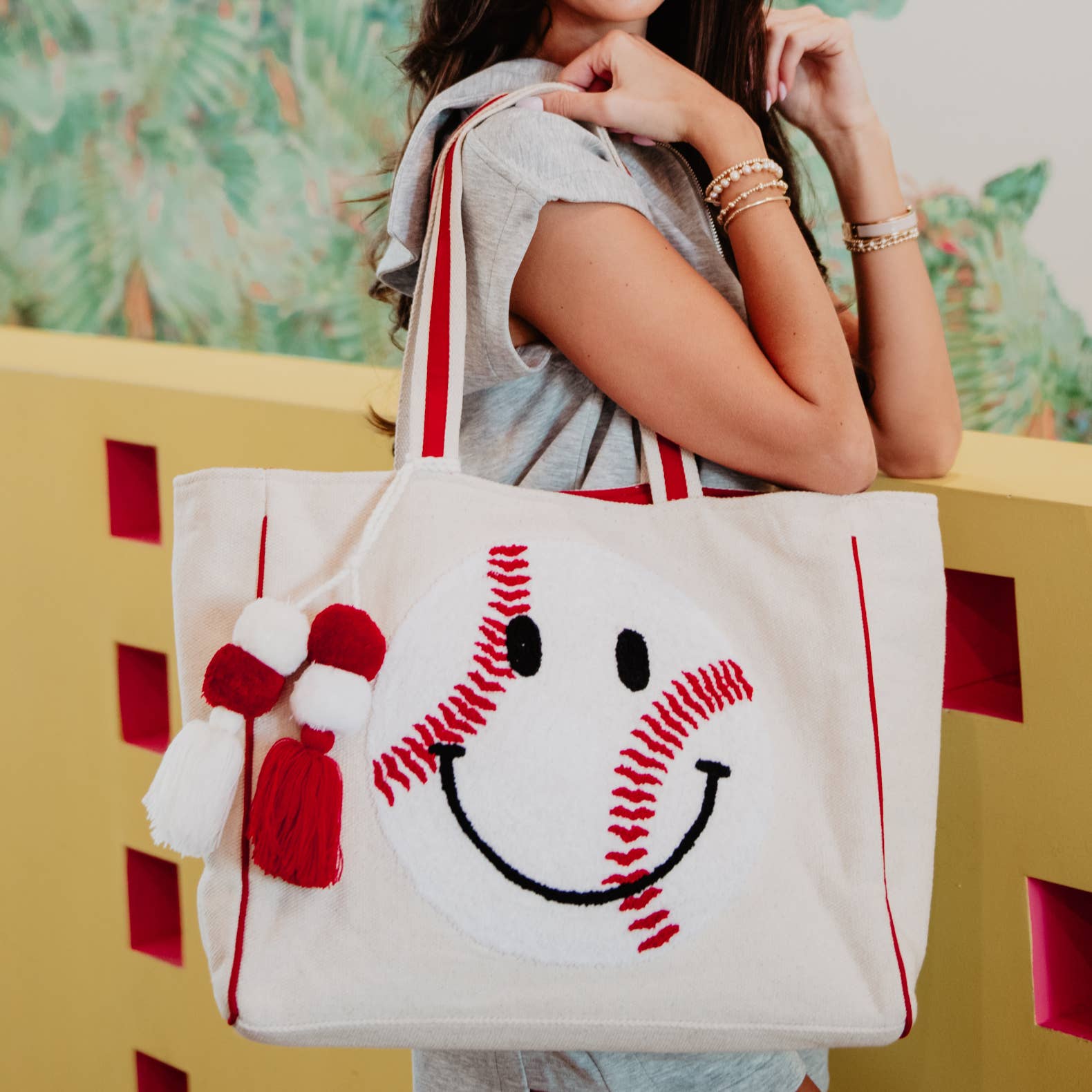 Beige Canvas Baseball Oversized Happy Face Tote Bag for Women for wholesale on Faire