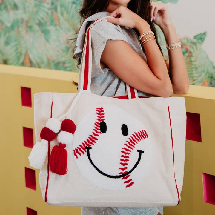 Beige Canvas Baseball Oversized Happy Face Tote Bag for Women for wholesale on Faire