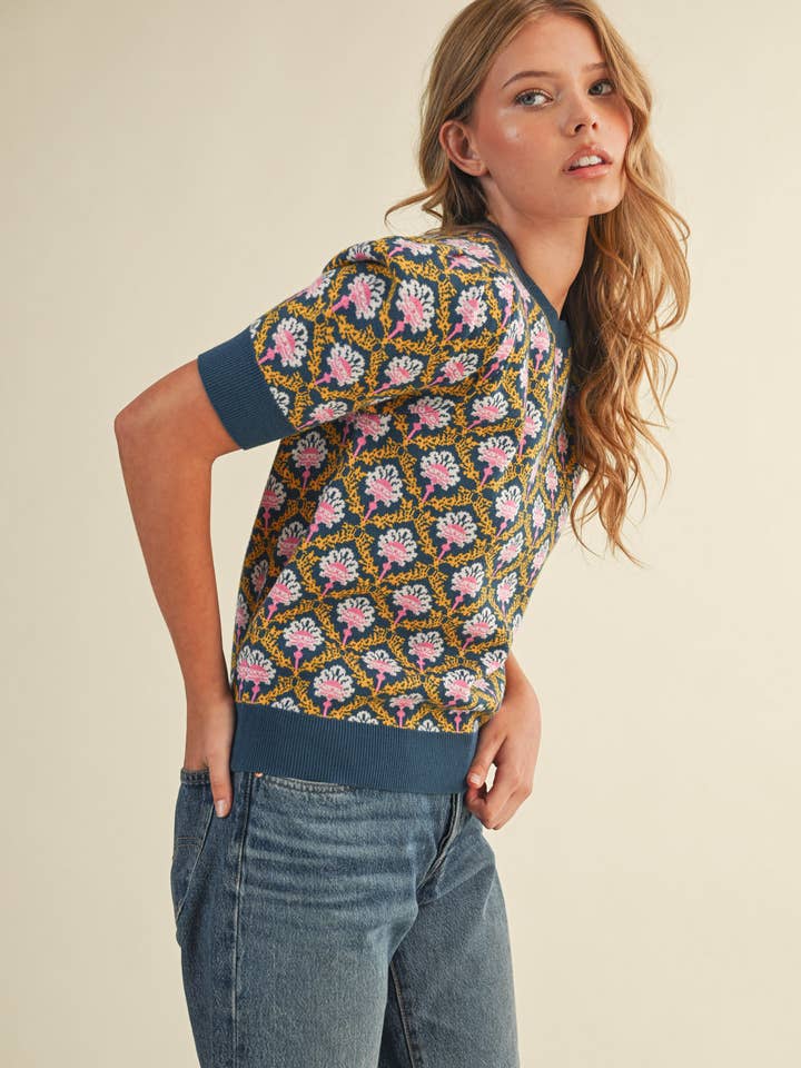 &MERCI - Wholesale Knit Sweater - Women's - FLORAL PATTERN SHORT SLEEVE SWEATER MSW1086012