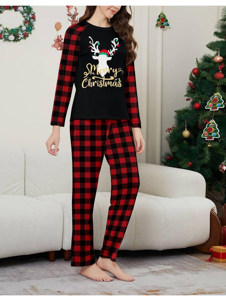 Anna Kaci Wholesale - Wholesale Sleepwear Set - Unisex - Family Christmas Pajama Set with Black Tops Red Plaid Pants19