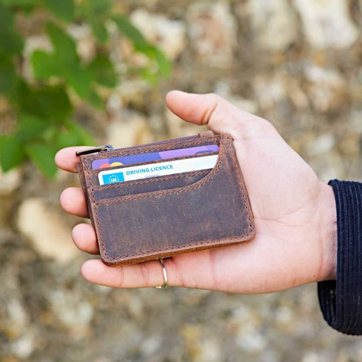 The Paper High Gift Company Limited - Wholesale Card Holder - Unisex - Brown Buffalo Leather Slim Zipped Card Holder - Handmade