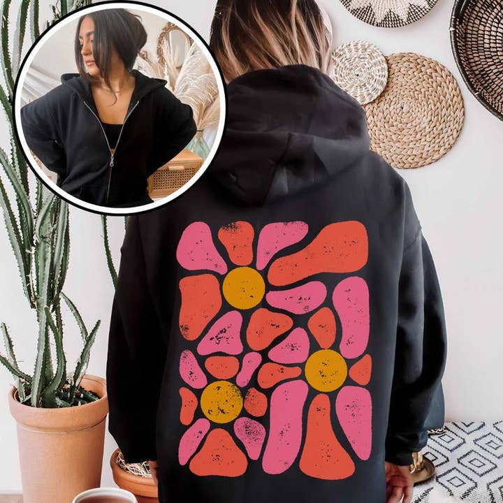 Groovy Flower Zip Up Hoodie | Graphic Floral Hoodie for wholesale by Sisterly Gifts Shop