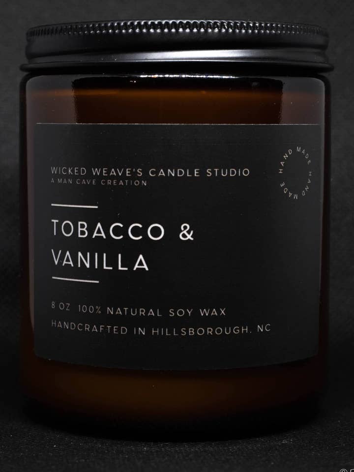 Tobacco & Vanilla Soy Wax Candle (4 Size Options) for wholesale by Wicked Weave’s Candle Studio