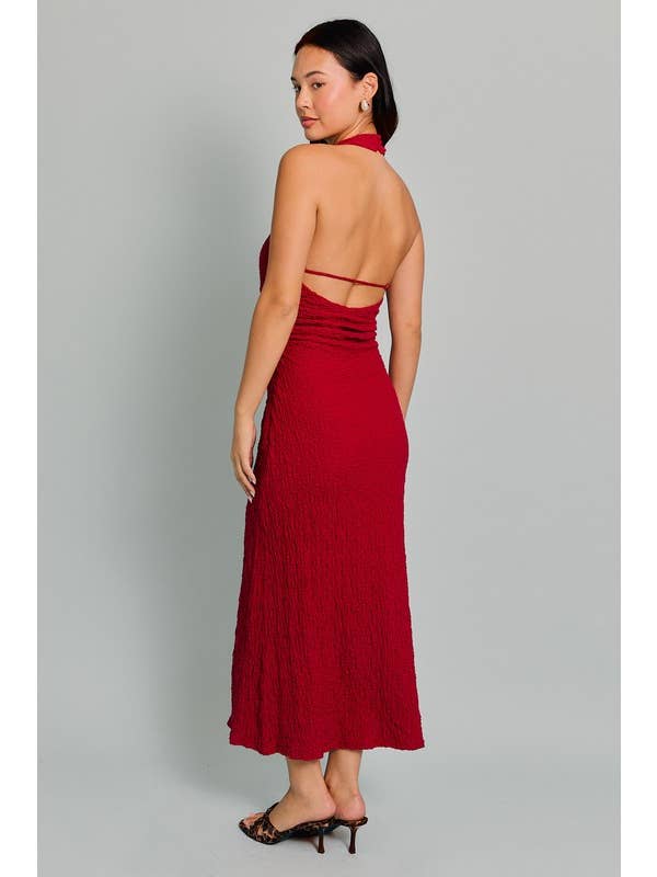 Burgundy HALTER NECK TEXTURED MIDI DRESS WITH ADJUSTABLE STRAP for wholesale on Faire
