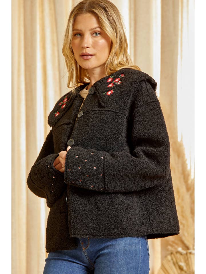BLACK <SALE> Embroidered Floral Faux Fur Jacket J10152 for wholesale on Faire