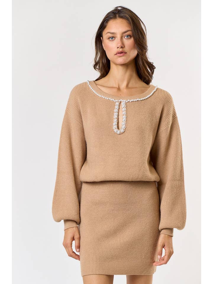 TAUPE ILD4191Â PEARL DETAIL BALLOON SLEEVE SWEATER MINI DRESS for wholesale on Faire