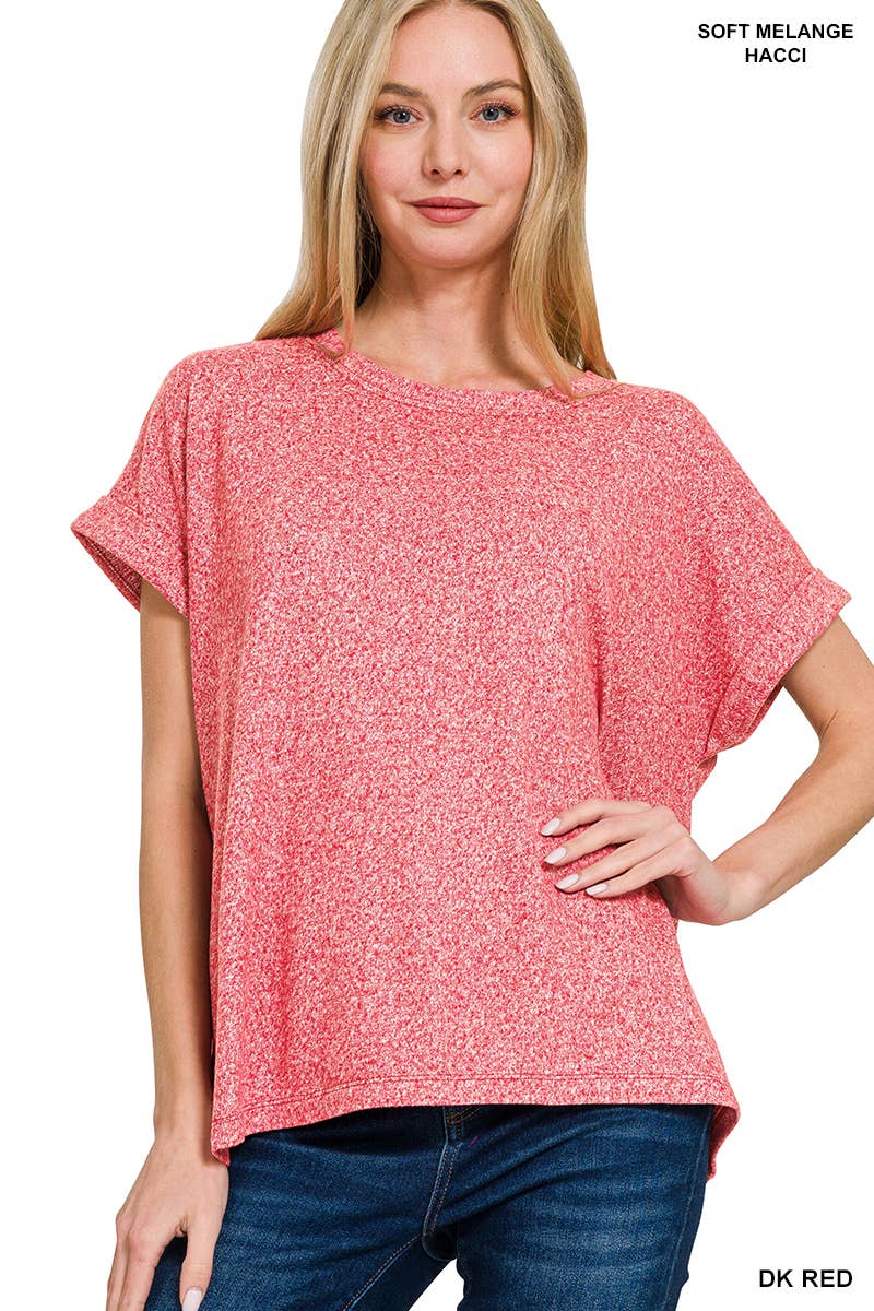 42POPS - Wholesale Knit Top - Women's - `.Soft Melange Folded Sleeve Round Neck Top4