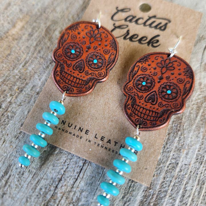 "Western Sugar Skull" Leather Halloween Earrings for wholesale by Cocklebur & Co.