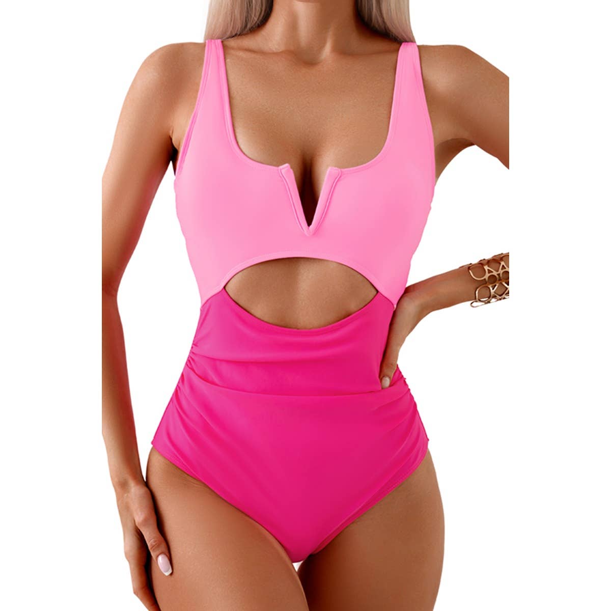 FUCHSIA ZWART Badpak met uitgesneden pasvorm en kleurblokken uit één stuk voor groothandel op Faire10