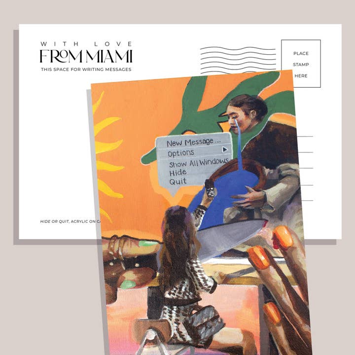 Carte postale surréaliste inspirée d'Edgy Dali, souvenir de voyage à Miami, Miami Lovers pour la vente par Kimsey Art