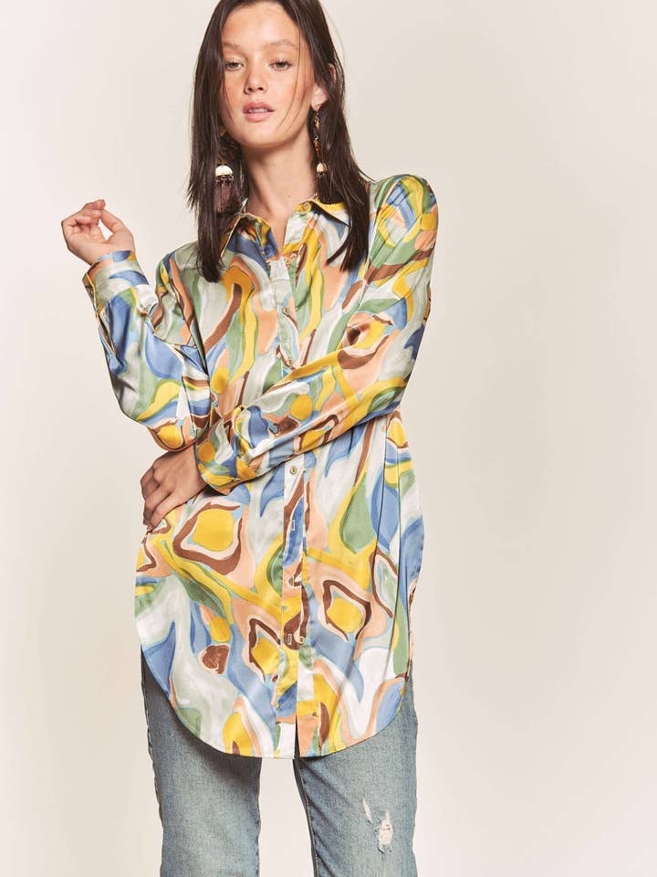 BUTTON DOWN PRINTED SATIN SHIRT WITH LONGSLEEVE for wholesale by Hers & Mine