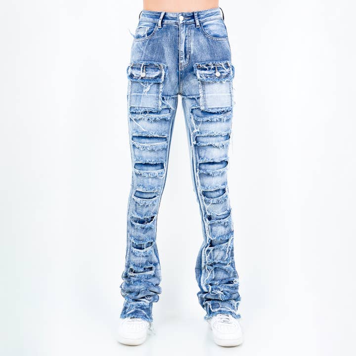 American Bazi - Wholesale Jeans - Women's - DENIM PATCHWORK STACKED JEANS-RJH21051