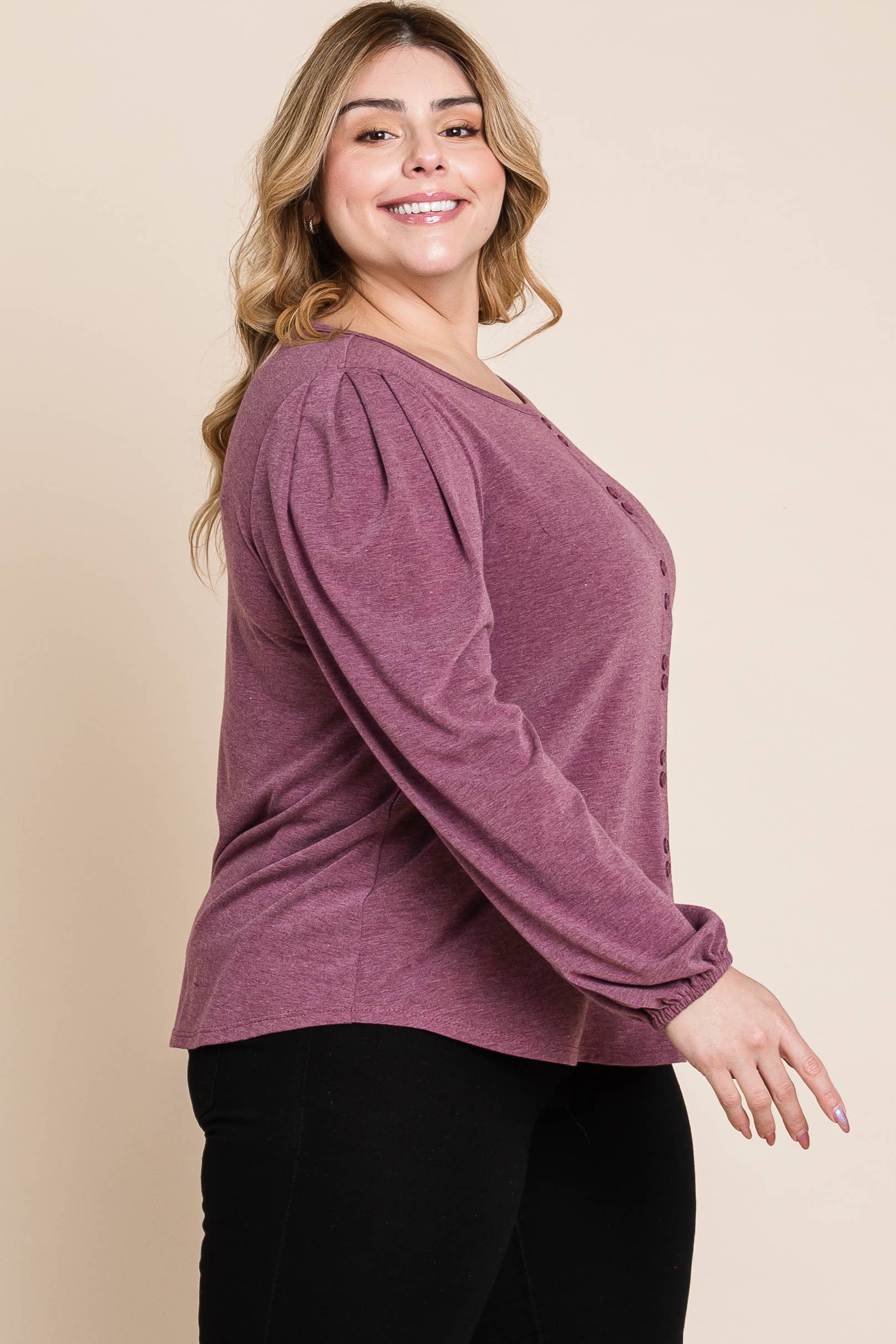 Burgundy ETK-8883-PL Plus Size Solid TR Spandex Long Sleeve Top for wholesale on Faire3