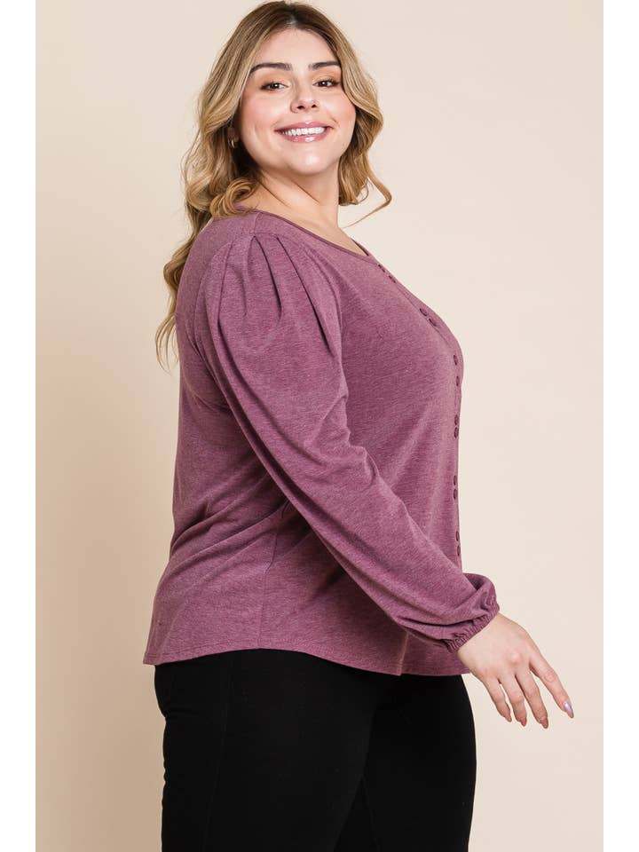 Burgundy ETK-8883-PL Plus Size Solid TR Spandex Long Sleeve Top for wholesale on Faire3