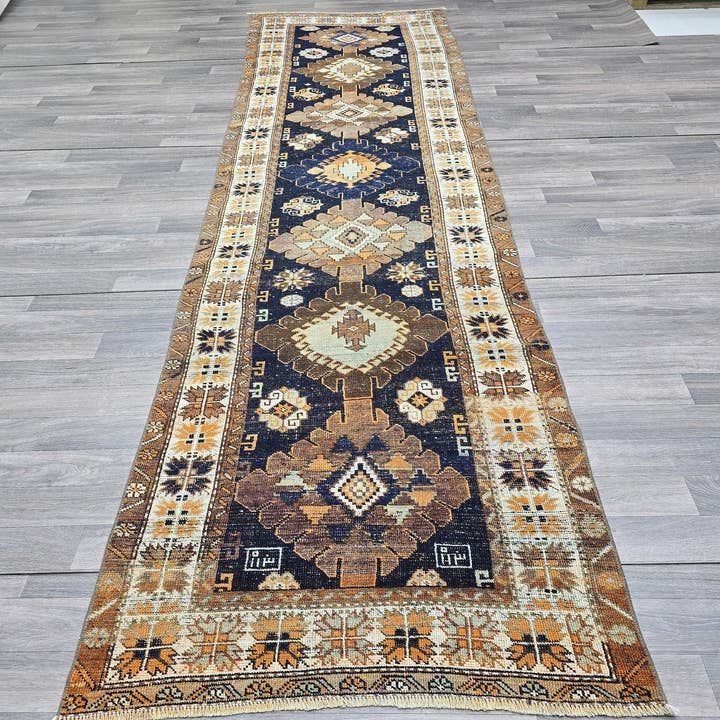 Vintage Turkish Runner Rug: 3.4x11 ft, Navy Blue Oushak Wool Hallway Rug for wholesale by MesopotamiaRugs
