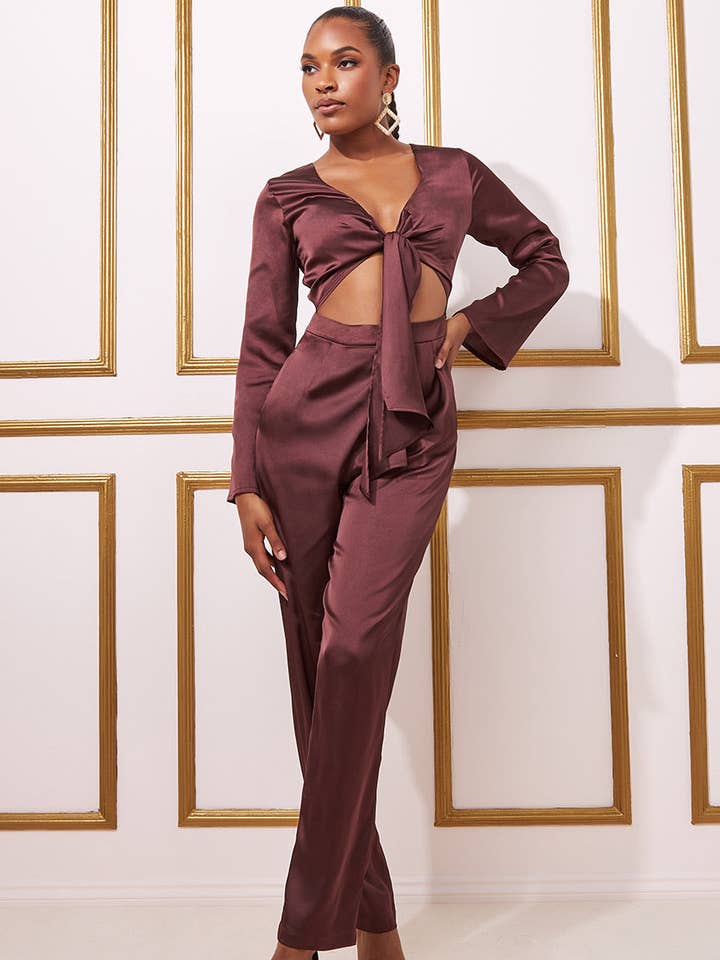 GODDIVA CUT OUT SATIN JUMPSUIT TR309 for wholesale by Goddiva