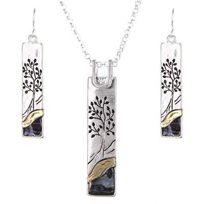 FR2902 Worn Silver_Abalone Tree of Life 3-Tone Necklace Set for wholesale by 0011 PREMIERE