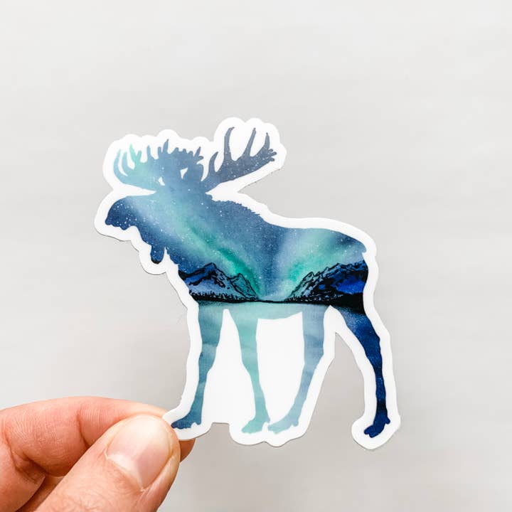 Moose Northern Lights Sticker for wholesale by Wildflower Paper Company