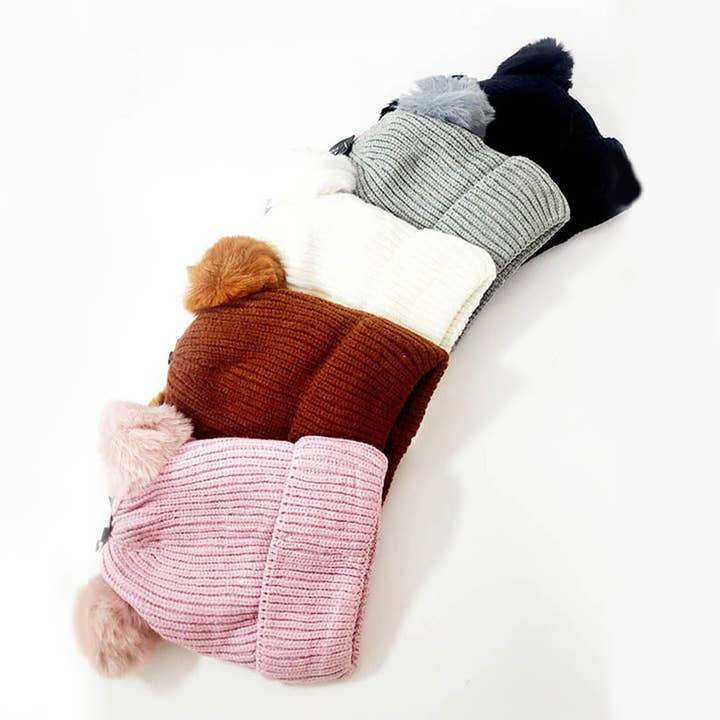 Assorted Color Kids Double Layer Pom Pom Beanie for wholesale on Faire