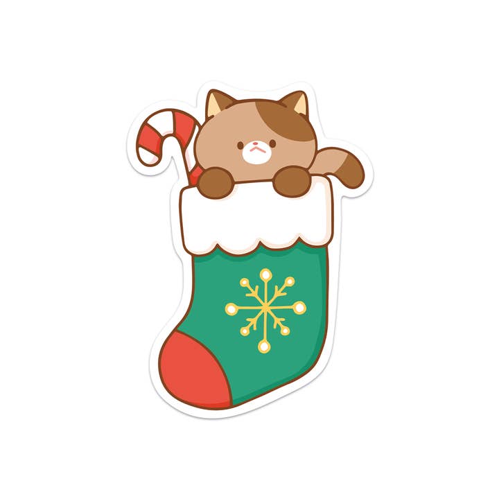 Cat in Christmas Stocking III Waterproof Vinyl Sticker for wholesale by Meowashi Studio