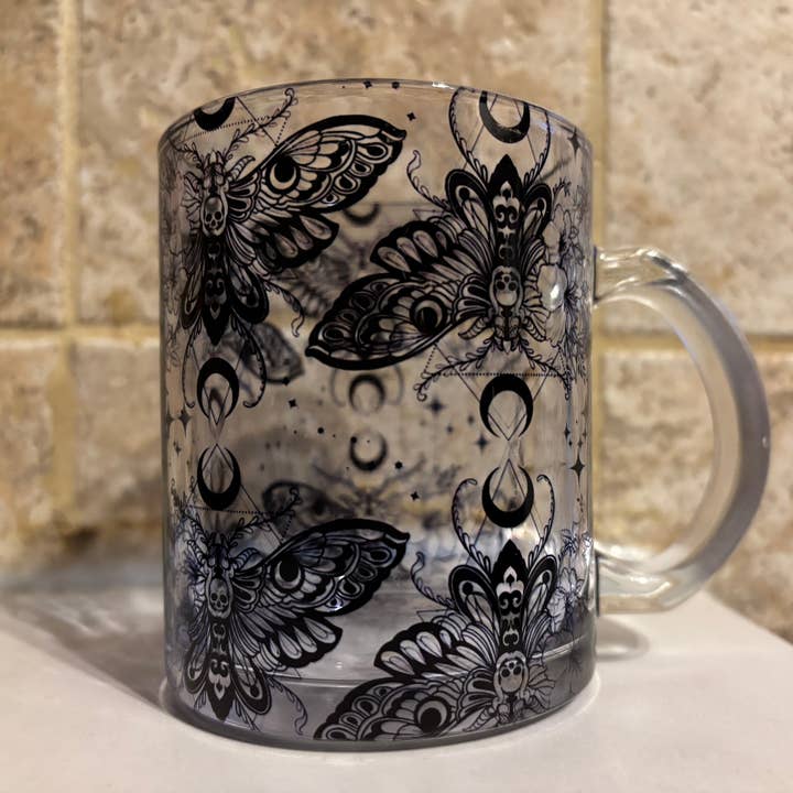 Clear mug with moths! for wholesale by The Pumpkin Empress