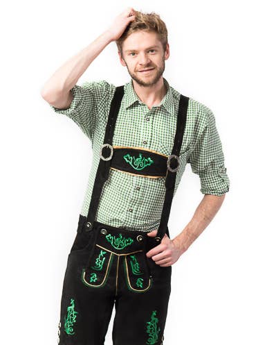 Lederhose Otto Short Black/Green - Party Costume for wholesale by Partychimp