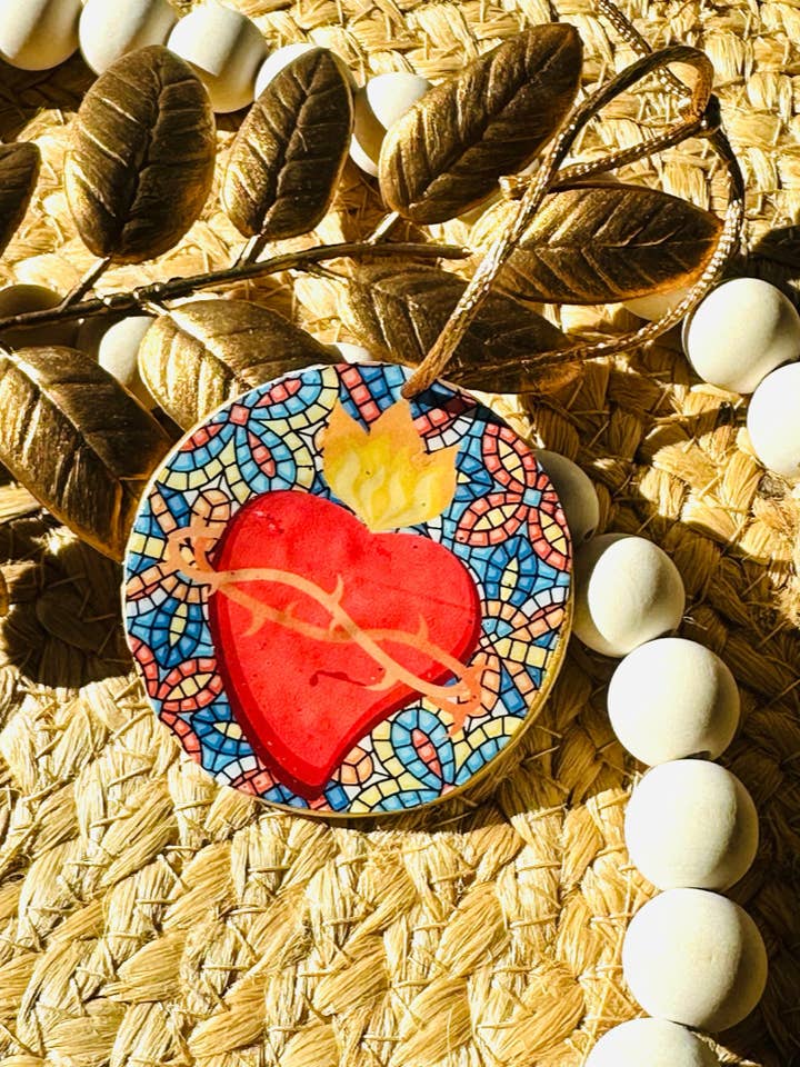 Sacred Heart Stained Glass Handmade Polymer Clay Ornament for wholesale by The Rosary Potter