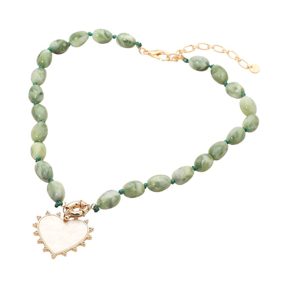 Sensibling Corp. – wholesale Pendant/charm necklace – Mother of Pearl Heart Pendant Marbled Resin Oval Beaded Necklace9